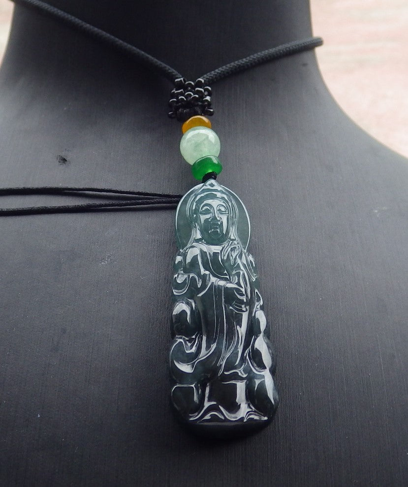 Certified Icy Green Burma 100% Natural A Jade jadeite Pendant Guanyin Kwan Yin Necklace 观音 638856 TN