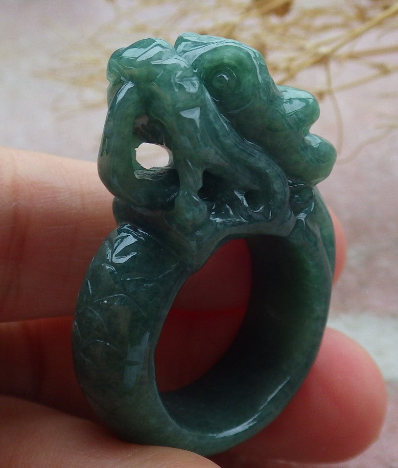 Certified Green Burma 100% Natural A JADE Jadeite Dragon RING USA. 9 龙戒指 638901 TN