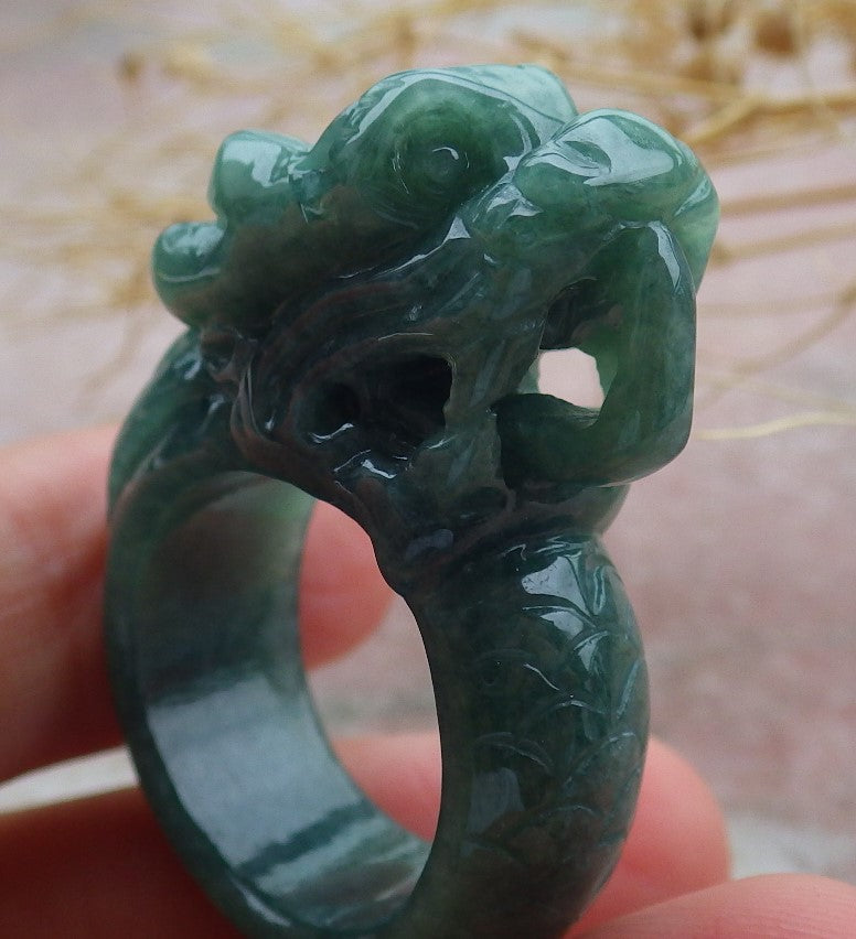 Certified Green Burma 100% Natural A JADE Jadeite Dragon RING USA. 9 龙戒指 638901 TN