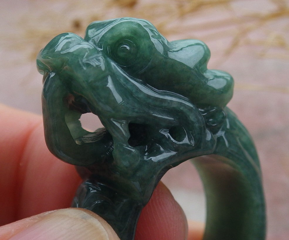 Certified Green Burma 100% Natural A JADE Jadeite Dragon RING USA. 9 龙戒指 638901 TN