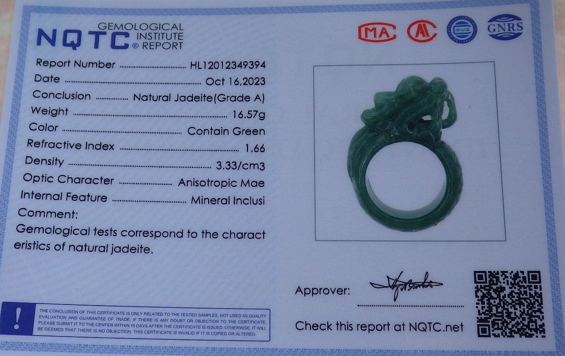 Certified Green Burma 100% Natural A JADE Jadeite Dragon RING USA. 9 龙戒指 638901 TN