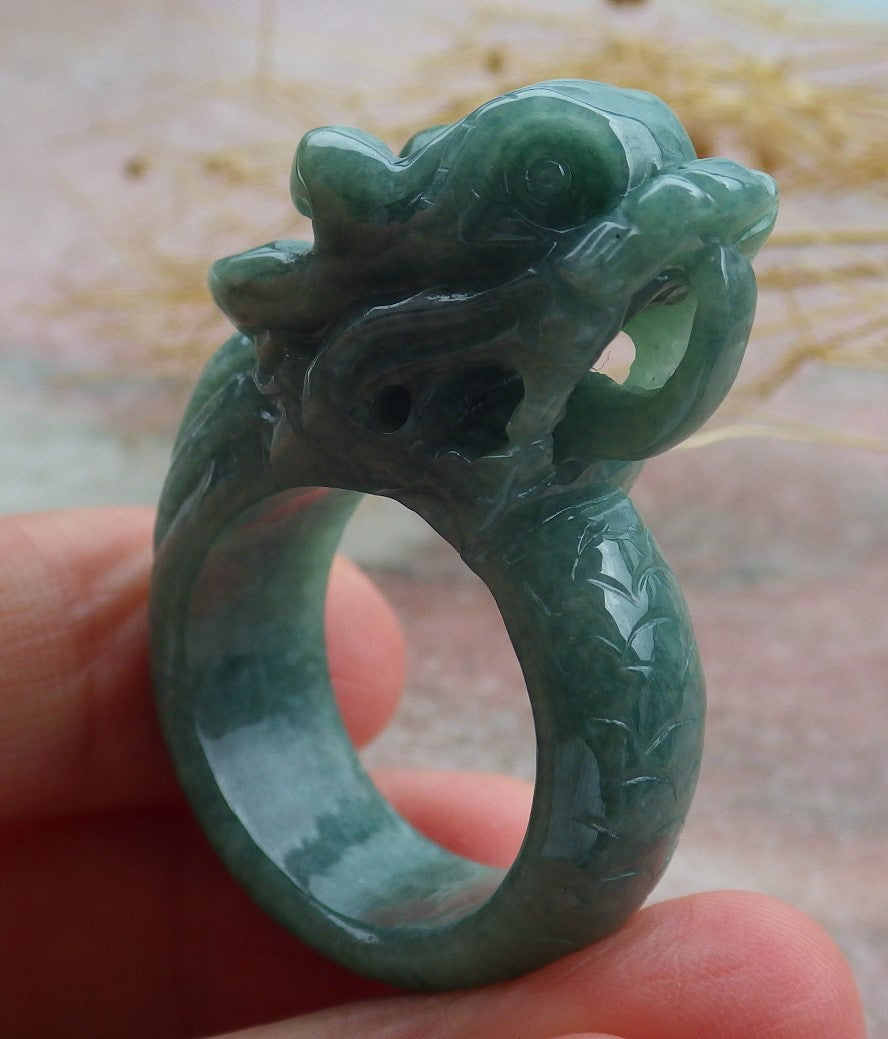 Certified Green Burma 100% Natural A JADE Jadeite Dragon RING USA. 10 龙戒指 638972 TN