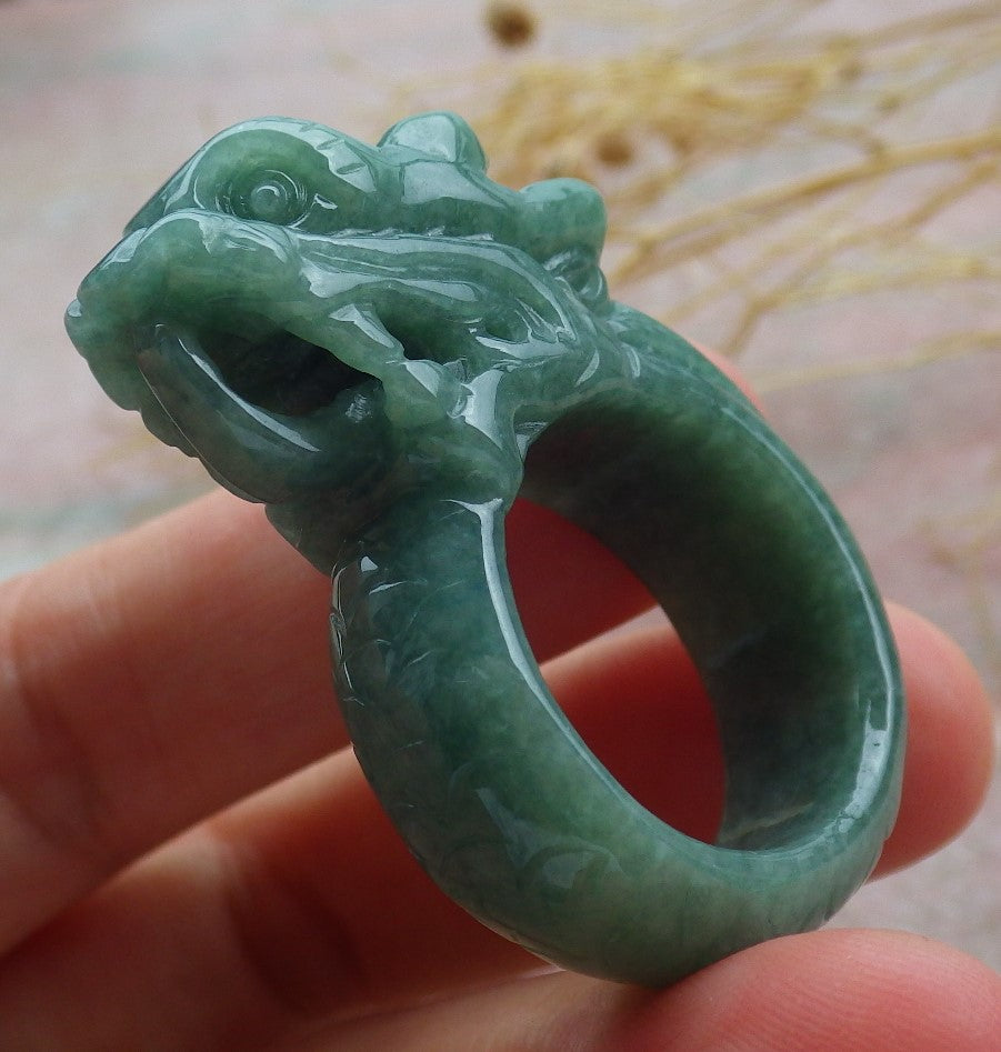 Certified Green Burma 100% Natural A JADE Jadeite Dragon RING USA. 10 龙戒指 638972 TN