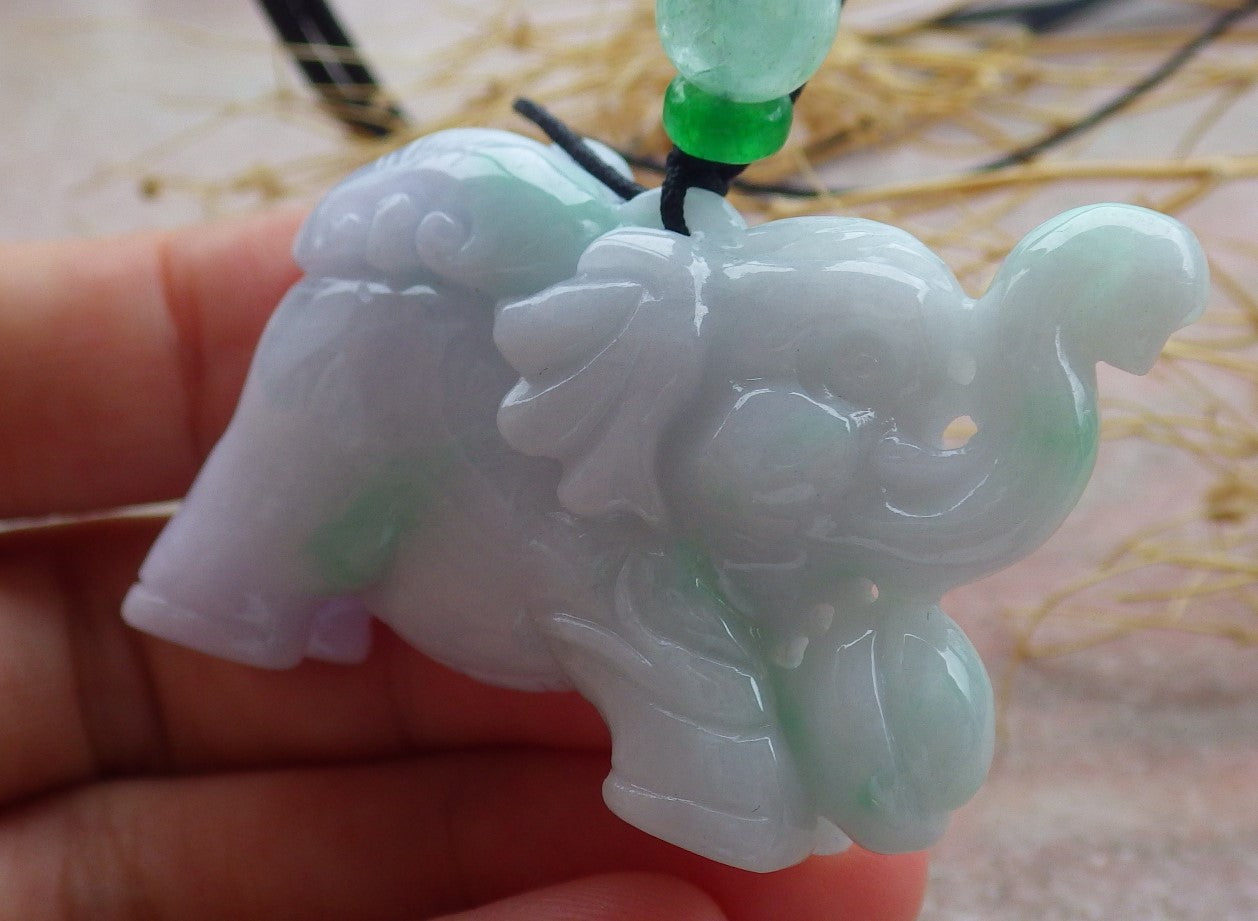 Certified Green Pale Lavender Burma 100% Natural A Jade jadeite Pendant Elephant Yuan Bao Ruyi Necklace 万象更新 638983 TN