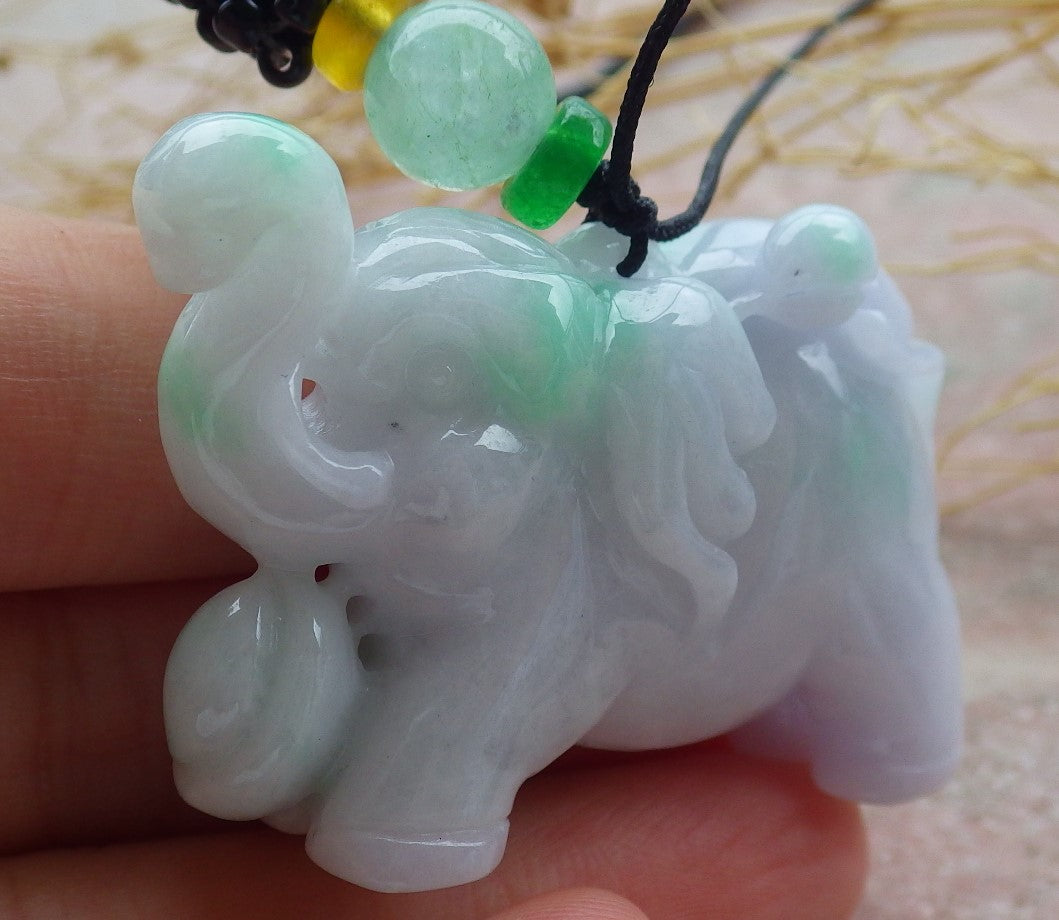 Certified Green Pale Lavender Burma 100% Natural A Jade jadeite Pendant Elephant Yuan Bao Ruyi Necklace 万象更新 638983 TN