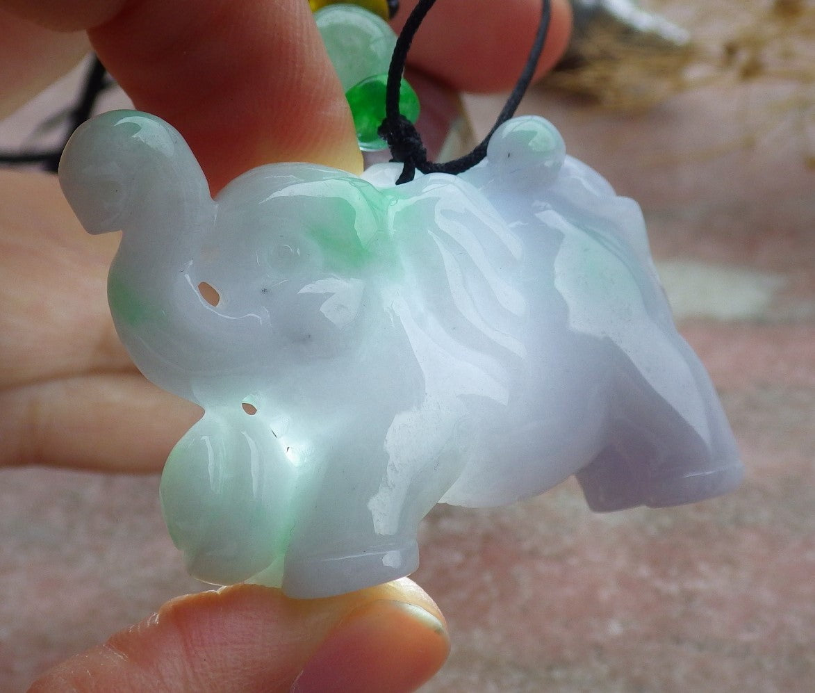 Certified Green Pale Lavender Burma 100% Natural A Jade jadeite Pendant Elephant Yuan Bao Ruyi Necklace 万象更新 638983 TN
