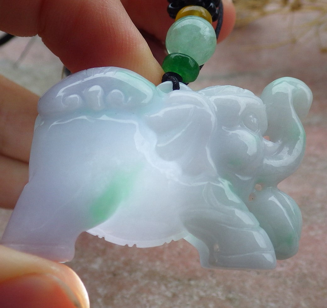 Certified Green Pale Lavender Burma 100% Natural A Jade jadeite Pendant Elephant Yuan Bao Ruyi Necklace 万象更新 638983 TN