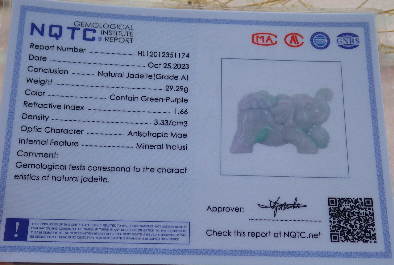 Certified Green Pale Lavender Burma 100% Natural A Jade jadeite Pendant Elephant Yuan Bao Ruyi Necklace 万象更新 638983 TN