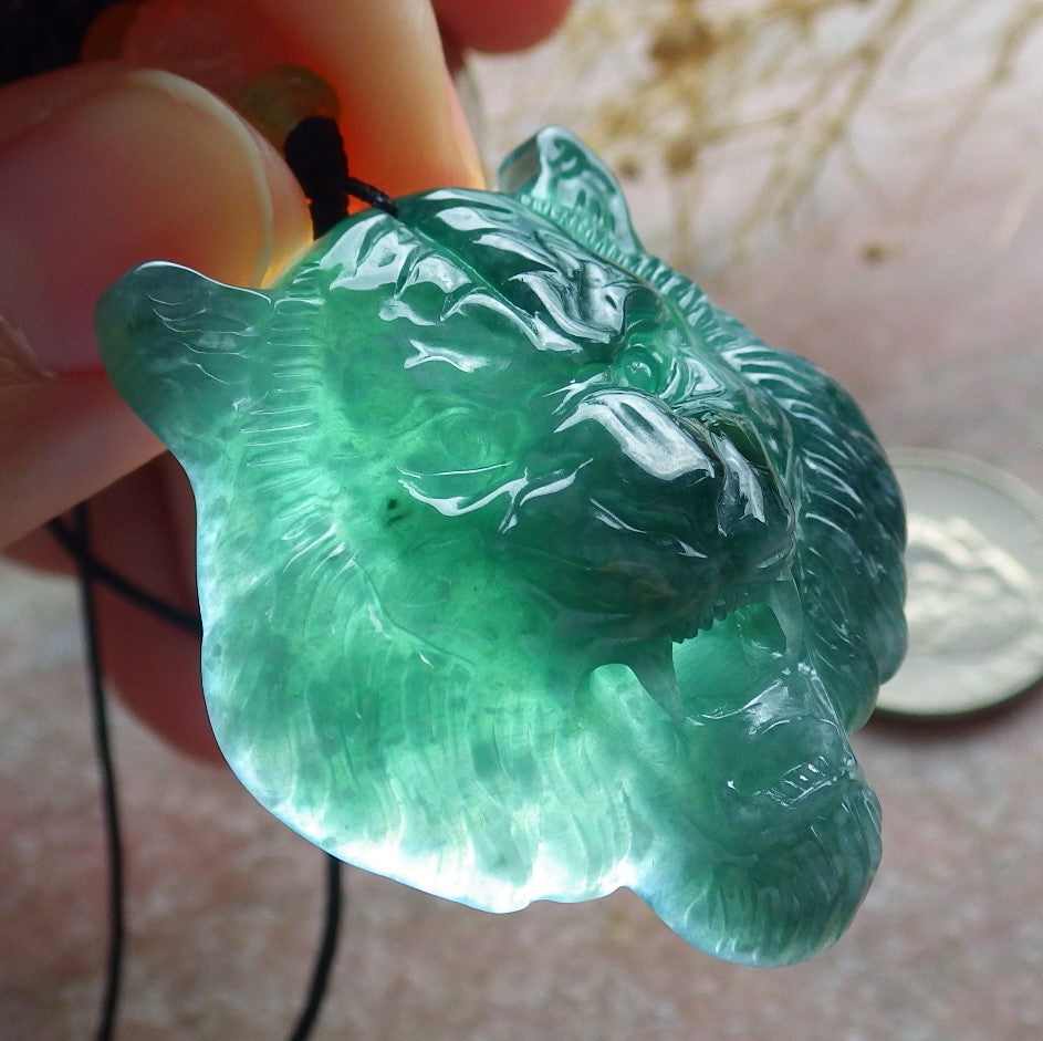 Certified Icy Green Burma 100% Natural A Jade jadeite Pendant Tiger Head Necklace 虎虎生威 639010 TN