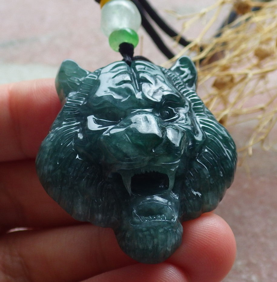 Certified Icy Green Burma 100% Natural A Jade jadeite Pendant Tiger Head Necklace 虎虎生威 639010 TN
