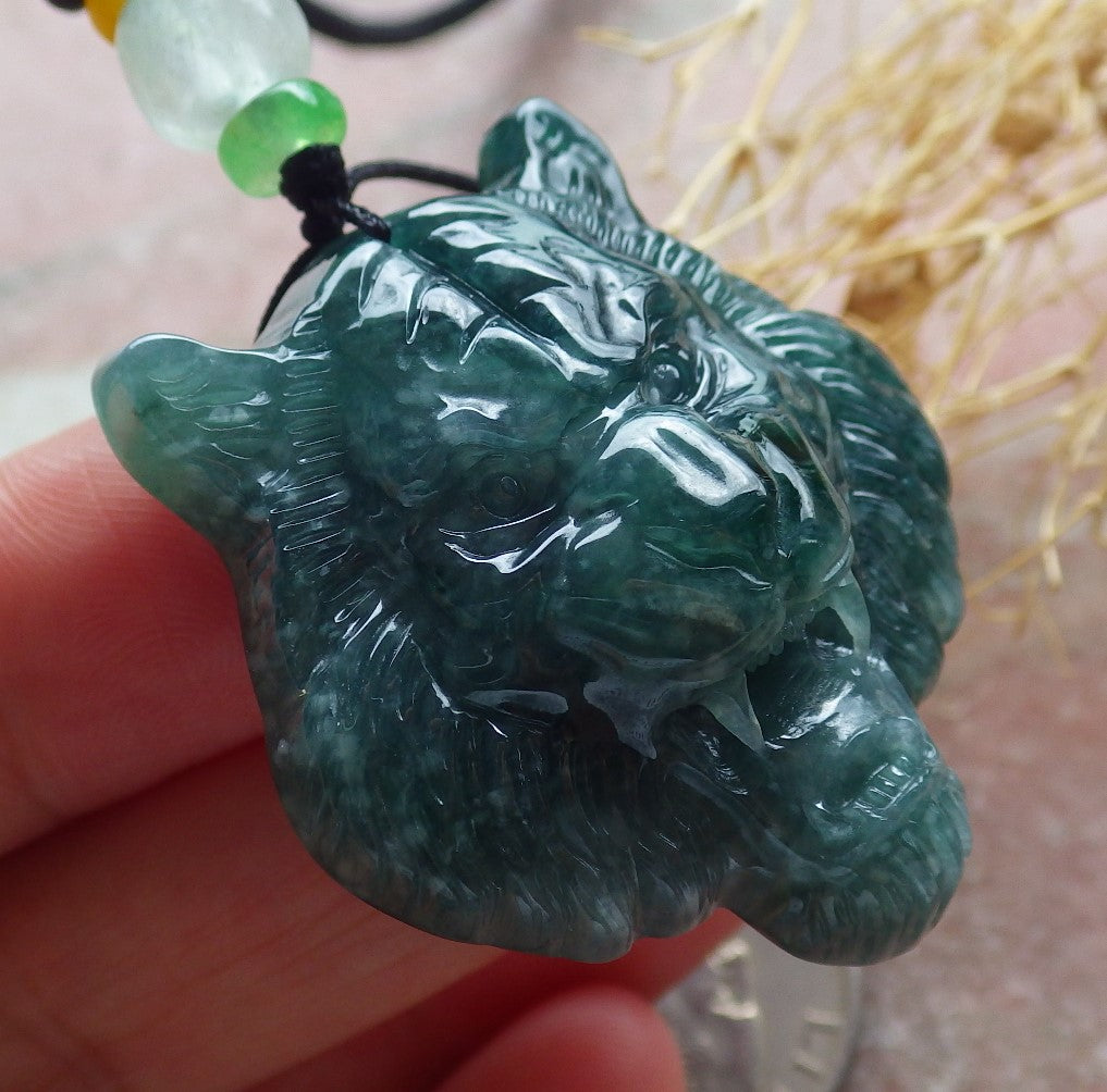 Certified Icy Green Burma 100% Natural A Jade jadeite Pendant Tiger Head Necklace 虎虎生威 639010 TN