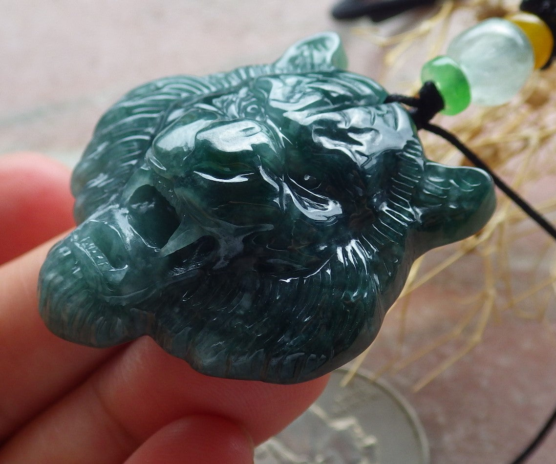 Certified Icy Green Burma 100% Natural A Jade jadeite Pendant Tiger Head Necklace 虎虎生威 639010 TN