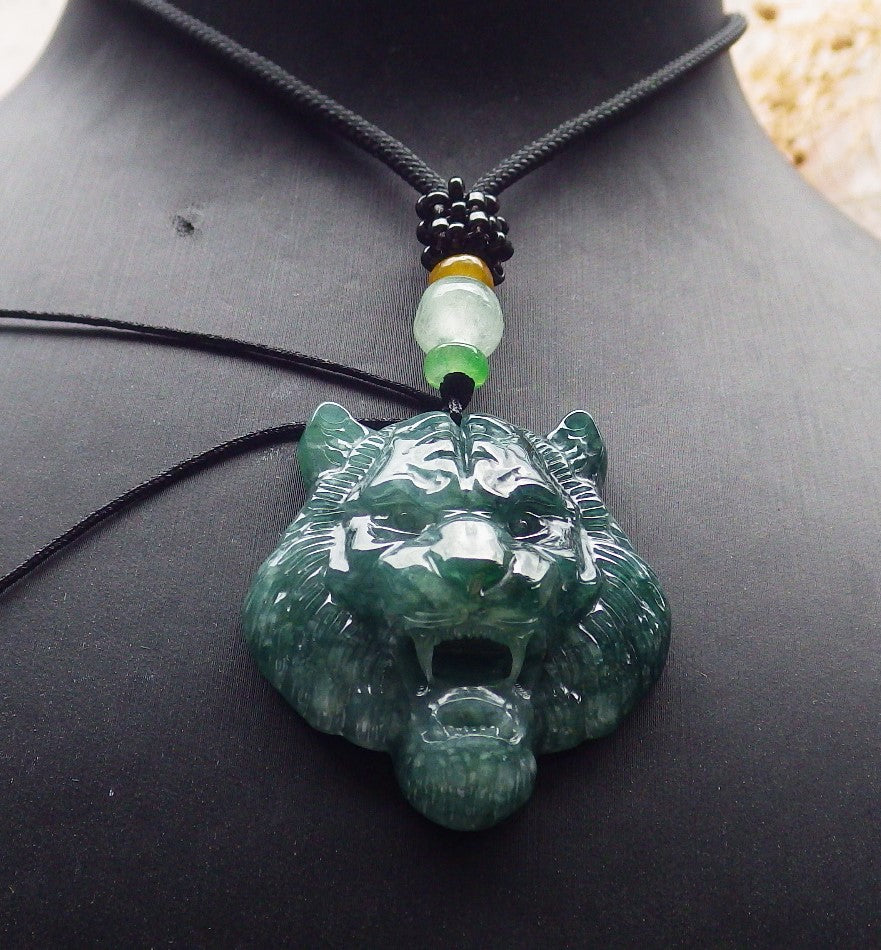 Certified Icy Green Burma 100% Natural A Jade jadeite Pendant Tiger Head Necklace 虎虎生威 639010 TN