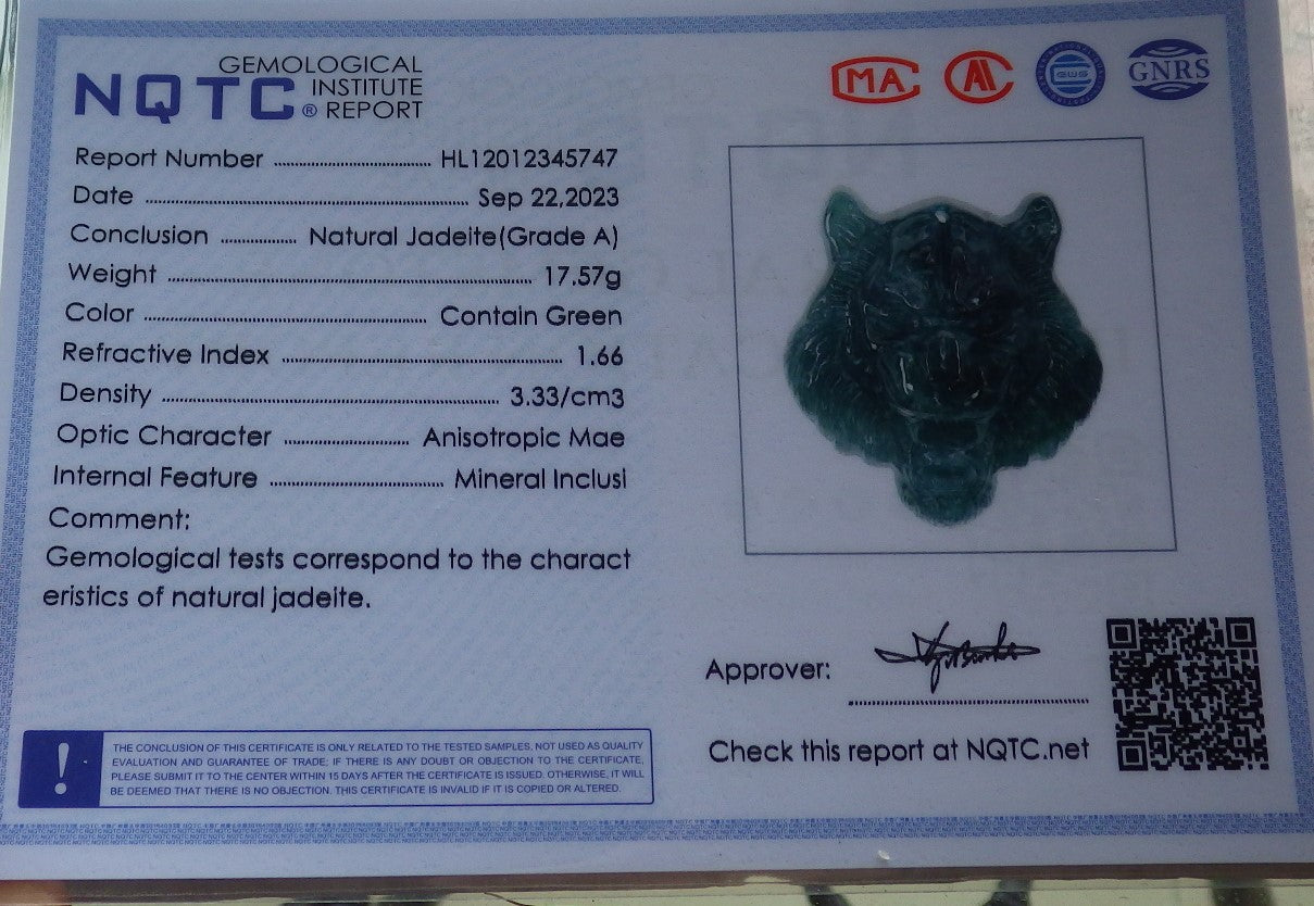 Certified Icy Green Burma 100% Natural A Jade jadeite Pendant Tiger Head Necklace 虎虎生威 639010 TN