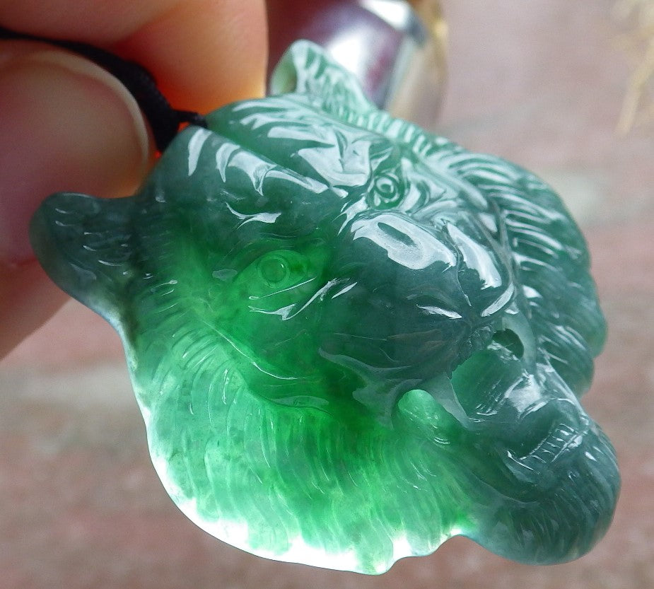 Certified Icy Green Burma 100% Natural A Jade jadeite Pendant Tiger Head Necklace 虎虎生威 639079 TN