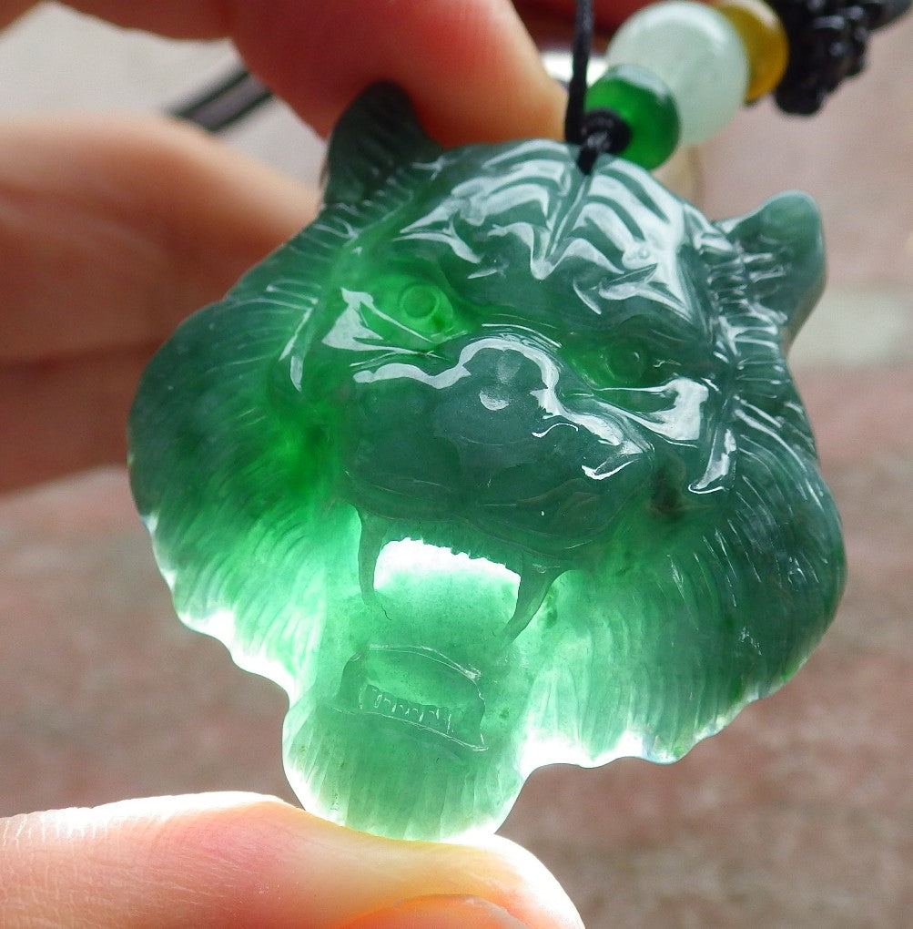 Certified Icy Green Burma 100% Natural A Jade jadeite Pendant Tiger Head Necklace 虎虎生威 639079 TN
