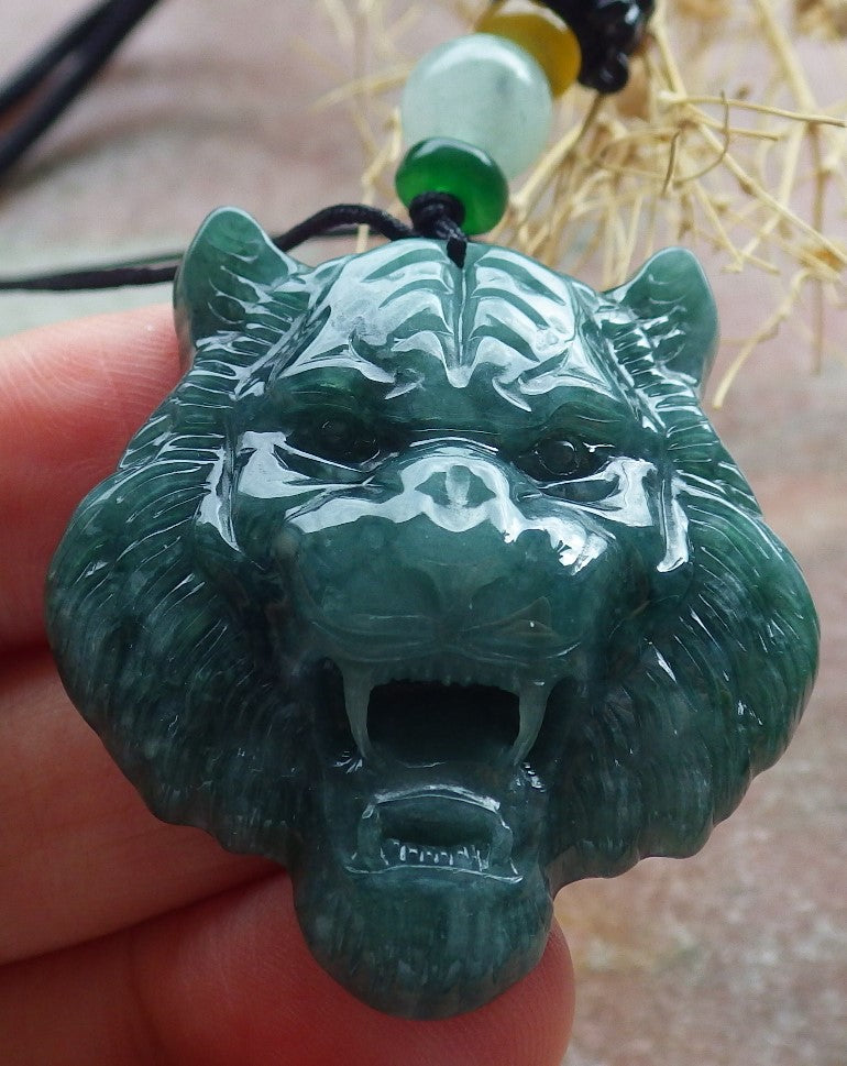 Certified Icy Green Burma 100% Natural A Jade jadeite Pendant Tiger Head Necklace 虎虎生威 639079 TN