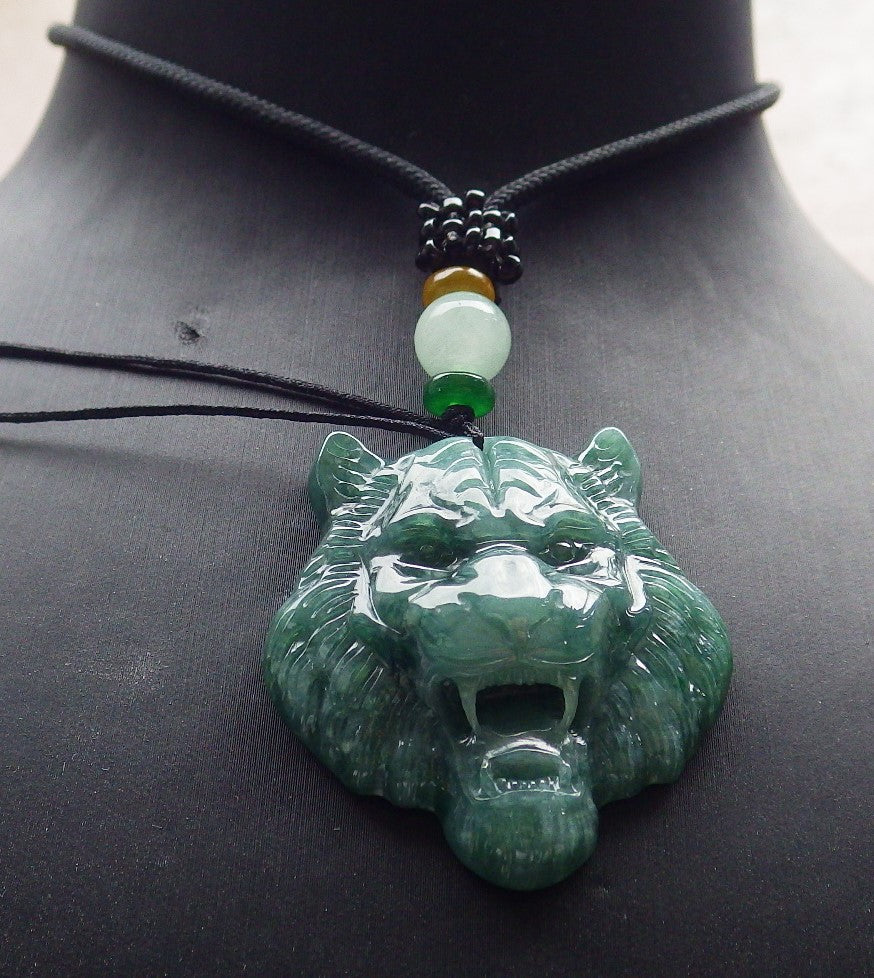 Certified Icy Green Burma 100% Natural A Jade jadeite Pendant Tiger Head Necklace 虎虎生威 639079 TN