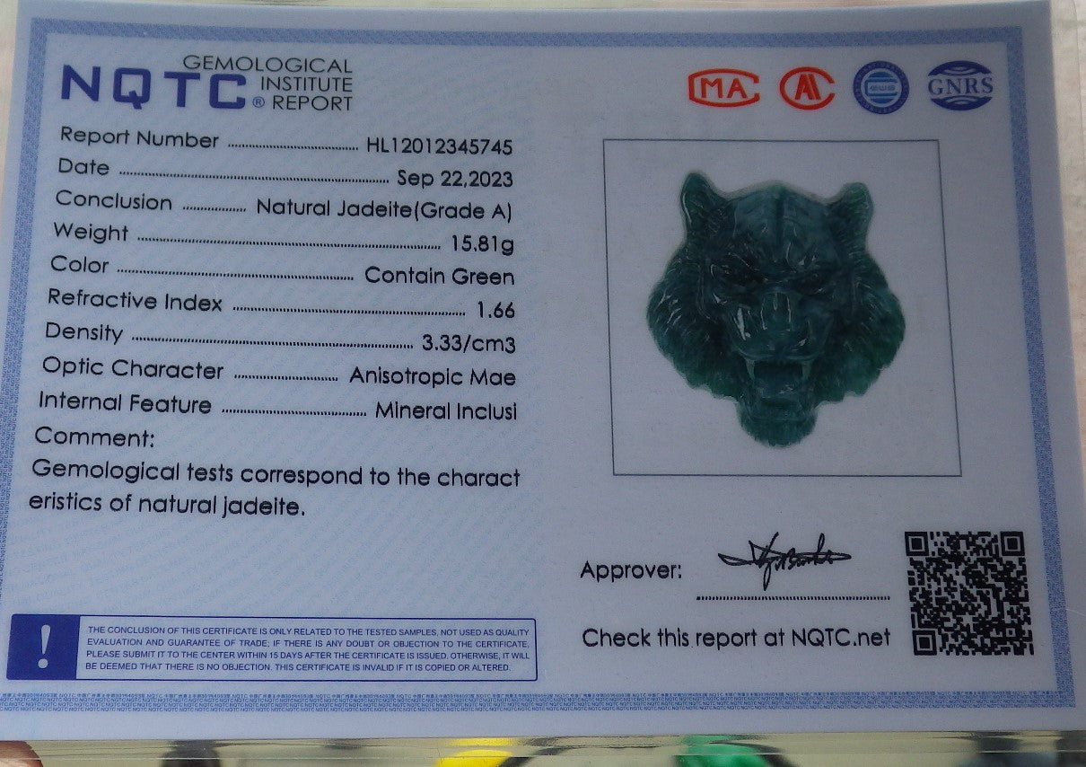 Certified Icy Green Burma 100% Natural A Jade jadeite Pendant Tiger Head Necklace 虎虎生威 639079 TN