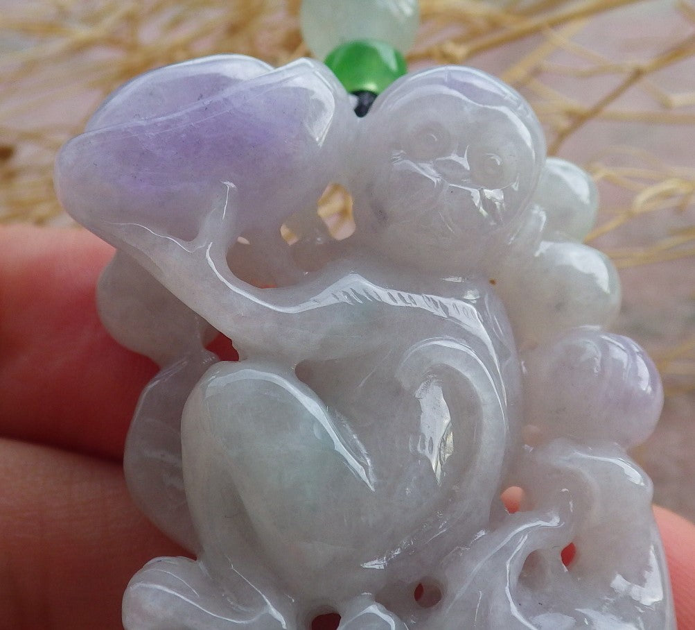 Certified Lavender Green Burma 100% Natural A Jade jadeite Pendant Monkey Yuan Bao Gourd Necklace 猴子 639272 TN