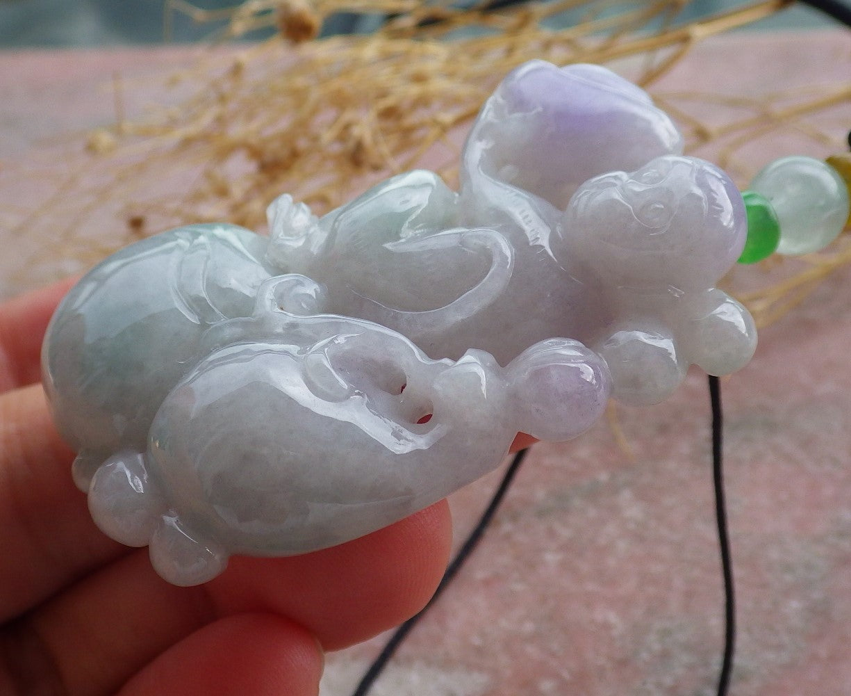 Certified Lavender Green Burma 100% Natural A Jade jadeite Pendant Monkey Yuan Bao Gourd Necklace 猴子 639272 TN