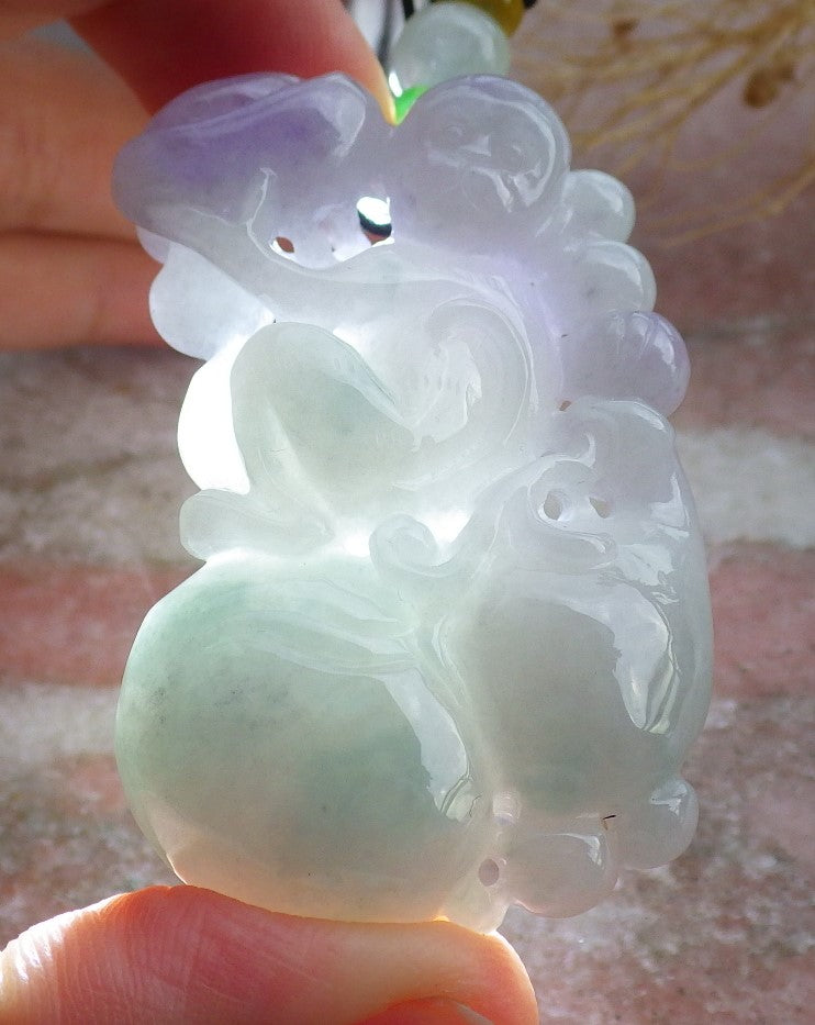 Certified Lavender Green Burma 100% Natural A Jade jadeite Pendant Monkey Yuan Bao Gourd Necklace 猴子 639272 TN