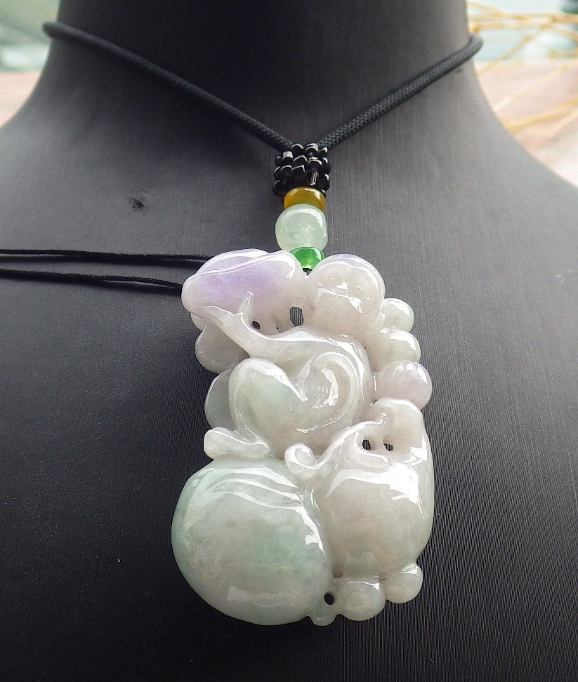 Certified Lavender Green Burma 100% Natural A Jade jadeite Pendant Monkey Yuan Bao Gourd Necklace 猴子 639272 TN