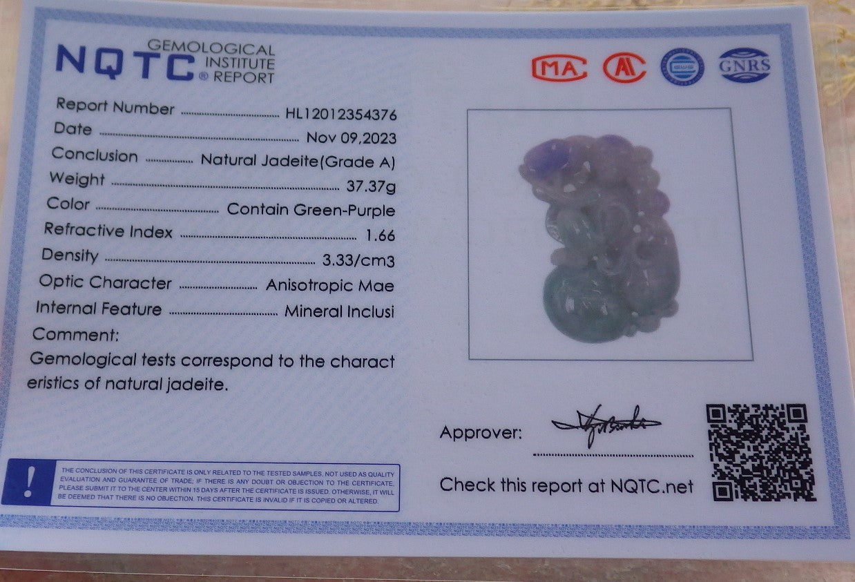 Certified Lavender Green Burma 100% Natural A Jade jadeite Pendant Monkey Yuan Bao Gourd Necklace 猴子 639272 TN