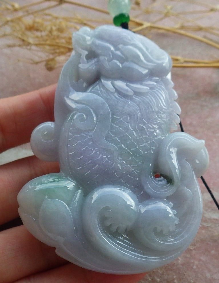 Certified Green Lavender Burma 100% Natural A Jade jadeite Pendant Dragon Fish Lotus Flower Necklace 龙鱼 639305 TN