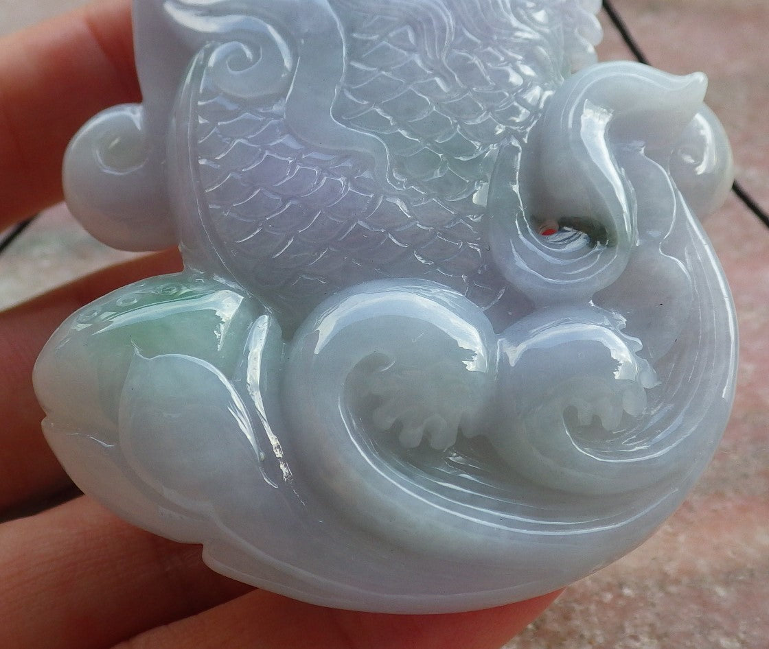 Certified Green Lavender Burma 100% Natural A Jade jadeite Pendant Dragon Fish Lotus Flower Necklace 龙鱼 639305 TN