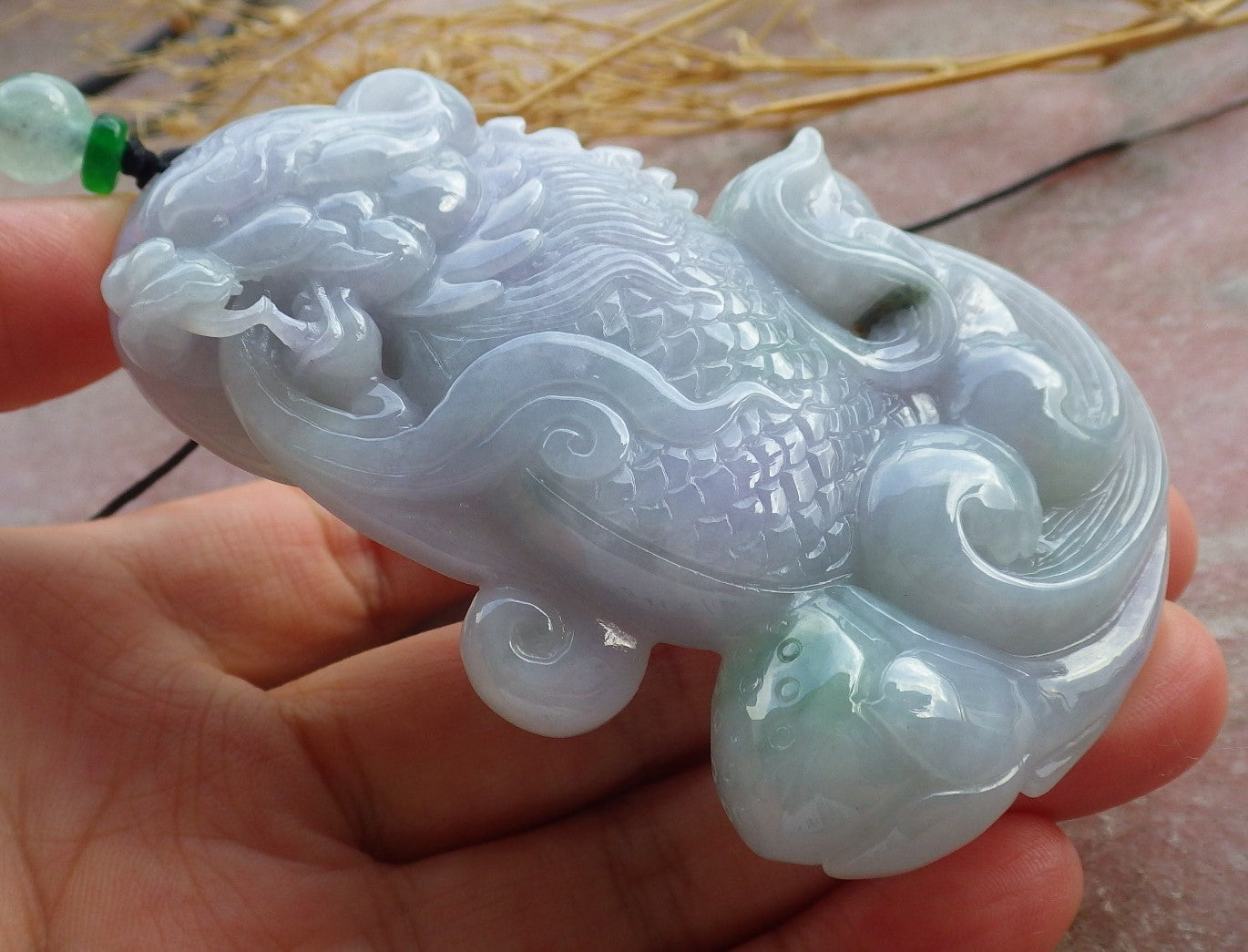 Certified Green Lavender Burma 100% Natural A Jade jadeite Pendant Dragon Fish Lotus Flower Necklace 龙鱼 639305 TN