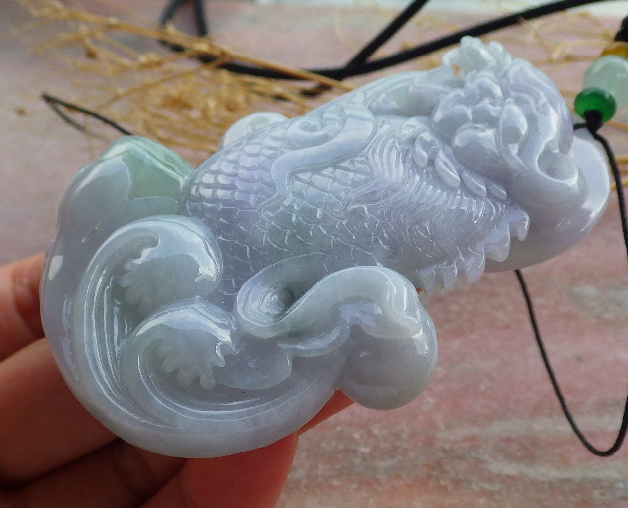 Certified Green Lavender Burma 100% Natural A Jade jadeite Pendant Dragon Fish Lotus Flower Necklace 龙鱼 639305 TN