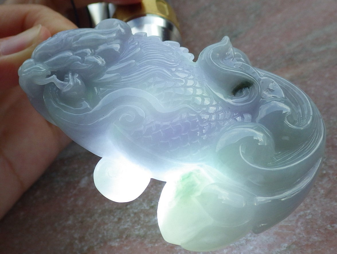 Certified Green Lavender Burma 100% Natural A Jade jadeite Pendant Dragon Fish Lotus Flower Necklace 龙鱼 639305 TN