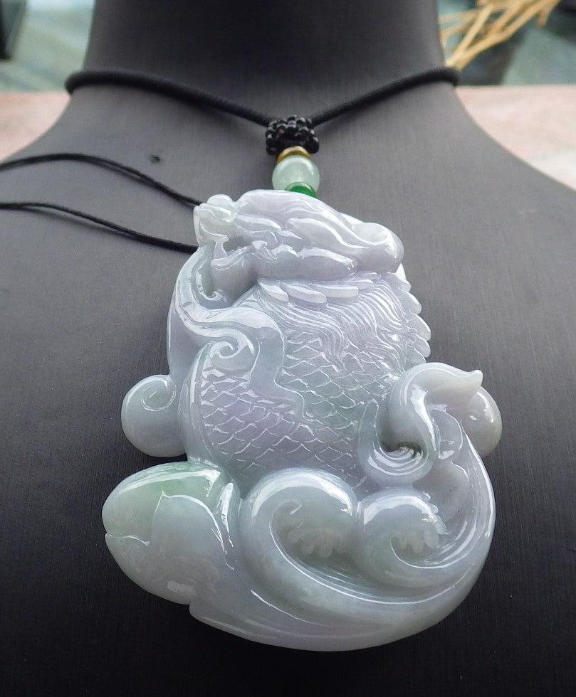 Certified Green Lavender Burma 100% Natural A Jade jadeite Pendant Dragon Fish Lotus Flower Necklace 龙鱼 639305 TN