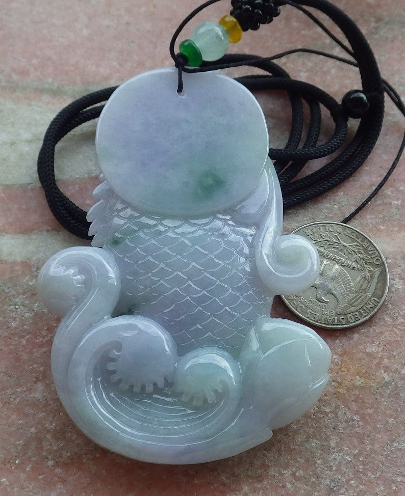 Certified Green Lavender Burma 100% Natural A Jade jadeite Pendant Dragon Fish Lotus Flower Necklace 龙鱼 639305 TN