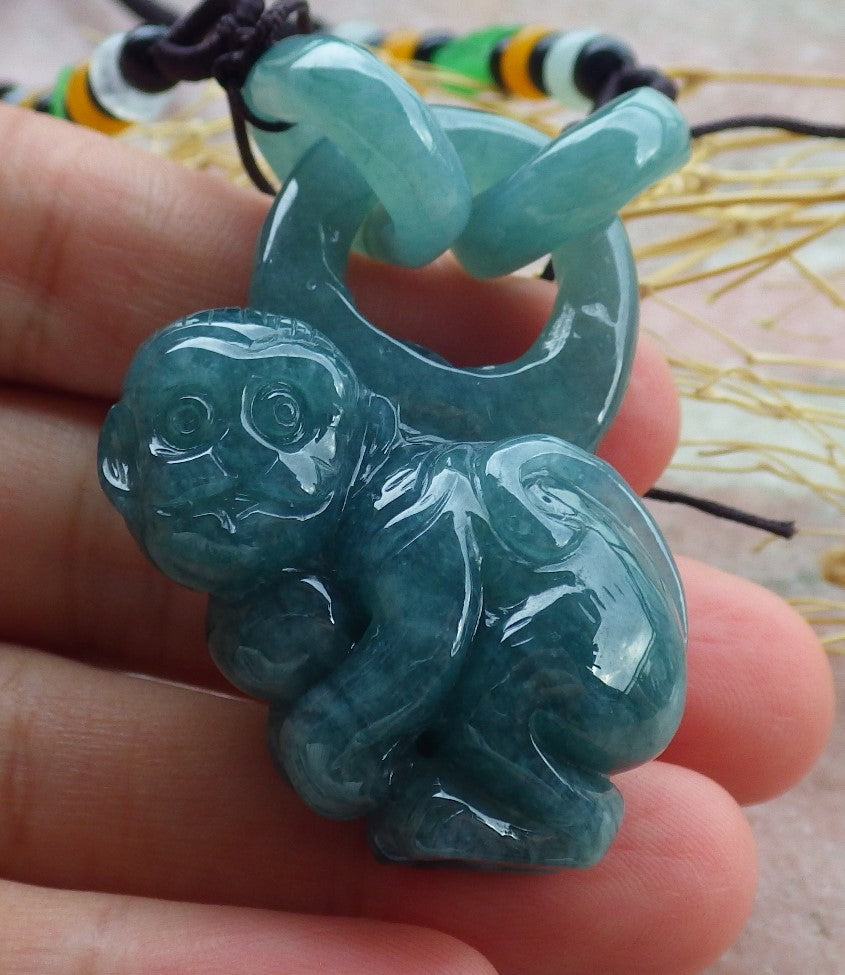 Certified Icy Green Burma 100% Natural A Jade jadeite Pendant Monkey Peach W Ring 猴子 639352 TN