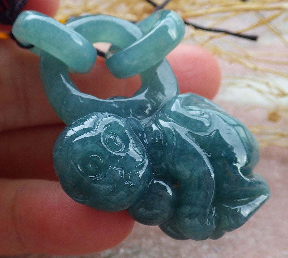 Certified Icy Green Burma 100% Natural A Jade jadeite Pendant Monkey Peach W Ring 猴子 639352 TN