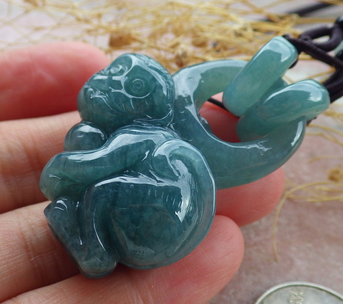 Certified Icy Green Burma 100% Natural A Jade jadeite Pendant Monkey Peach W Ring 猴子 639352 TN