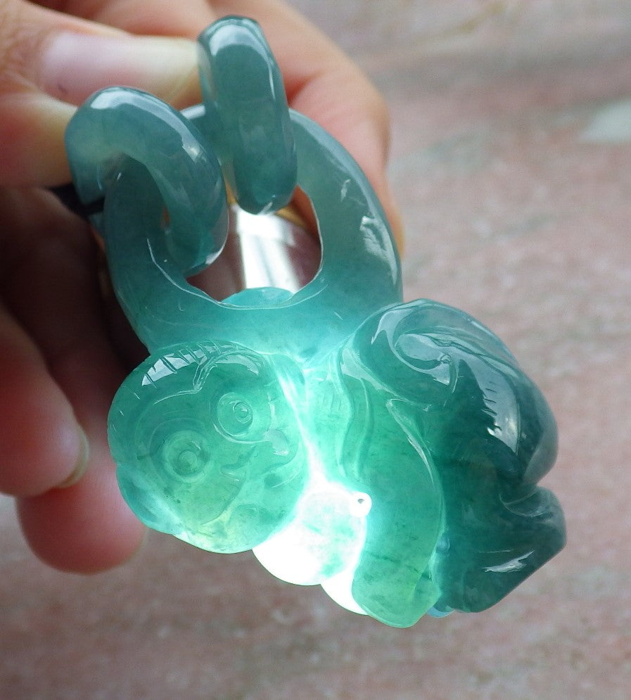 Certified Icy Green Burma 100% Natural A Jade jadeite Pendant Monkey Peach W Ring 猴子 639352 TN