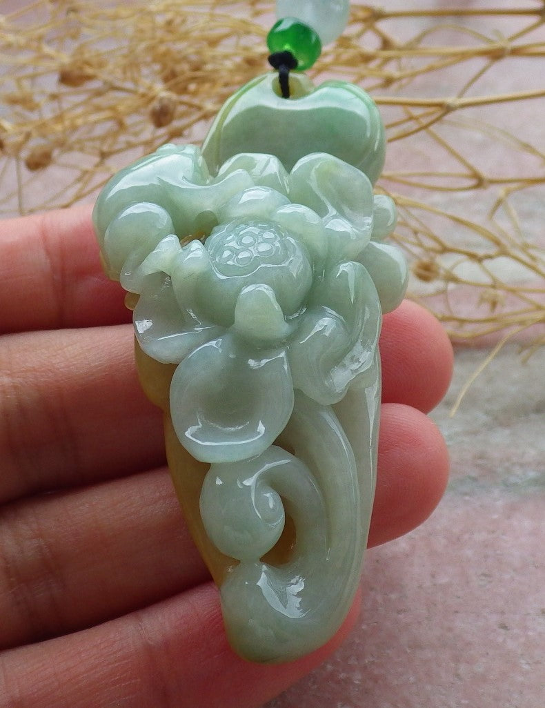 Certified Yellow Green Burma 100% Natural A Jade jadeite Pendant Frog Toad Lotus Flower Leaf Necklace 招财蟾 639368 TN