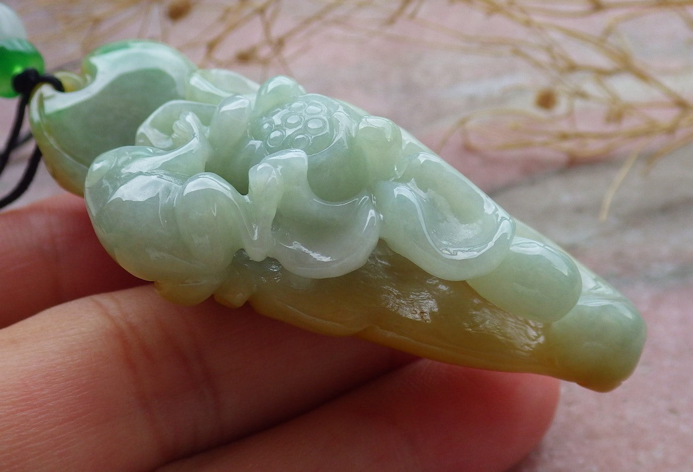 Certified Yellow Green Burma 100% Natural A Jade jadeite Pendant Frog Toad Lotus Flower Leaf Necklace 招财蟾 639368 TN