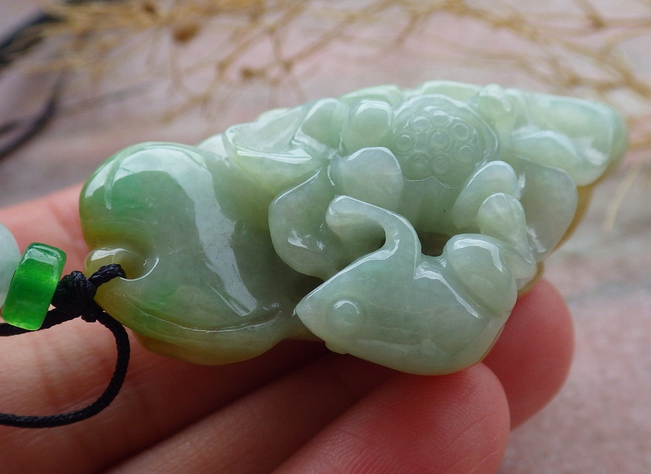 Certified Yellow Green Burma 100% Natural A Jade jadeite Pendant Frog Toad Lotus Flower Leaf Necklace 招财蟾 639368 TN