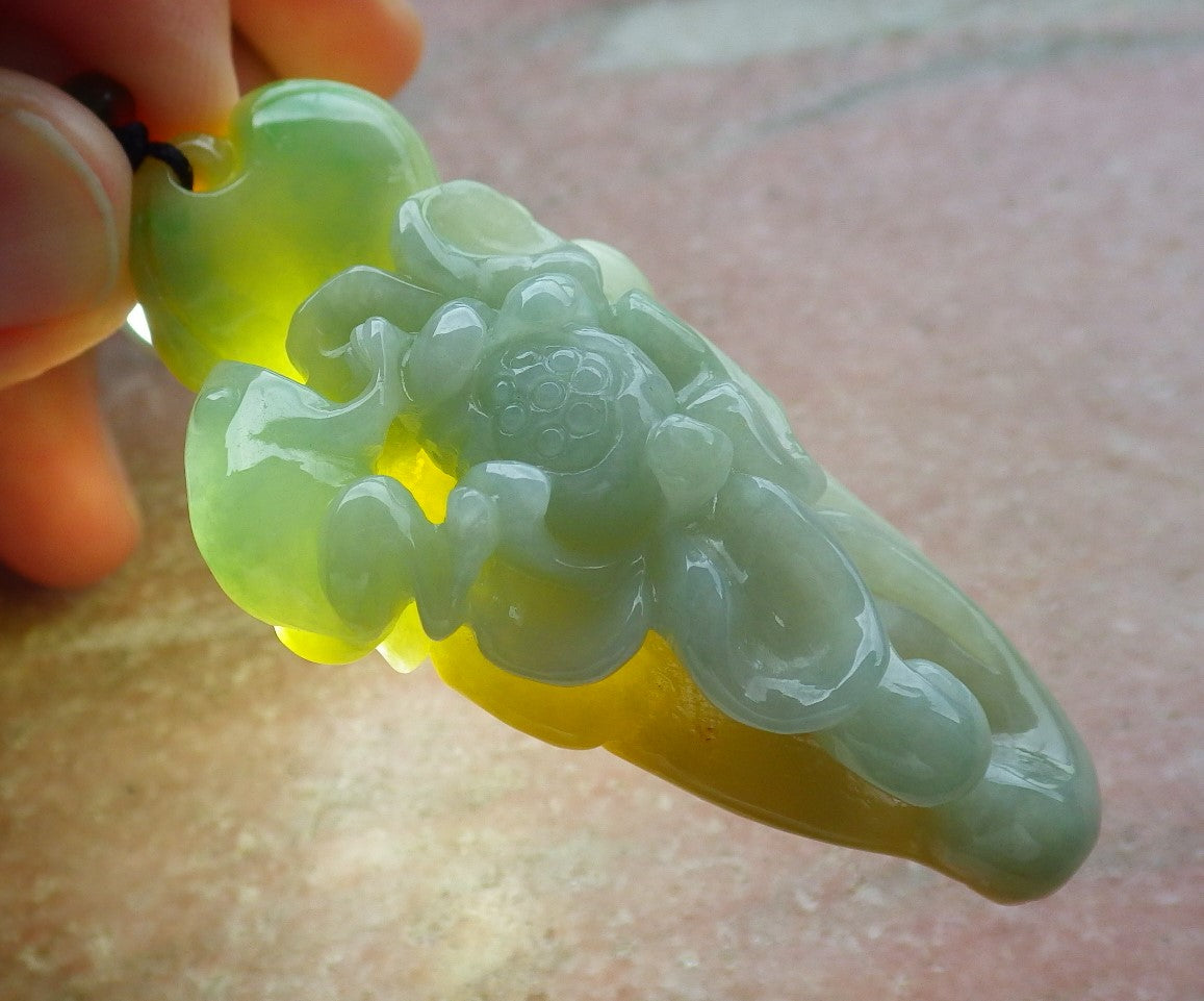Certified Yellow Green Burma 100% Natural A Jade jadeite Pendant Frog Toad Lotus Flower Leaf Necklace 招财蟾 639368 TN