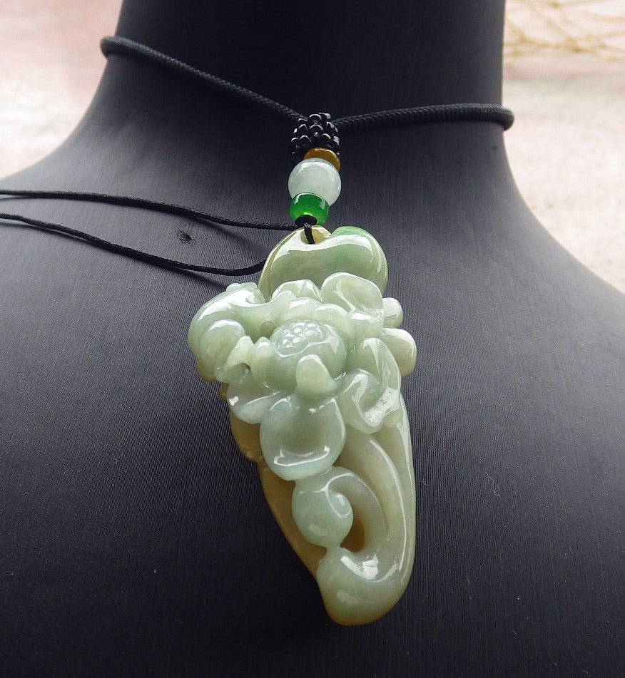 Certified Yellow Green Burma 100% Natural A Jade jadeite Pendant Frog Toad Lotus Flower Leaf Necklace 招财蟾 639368 TN