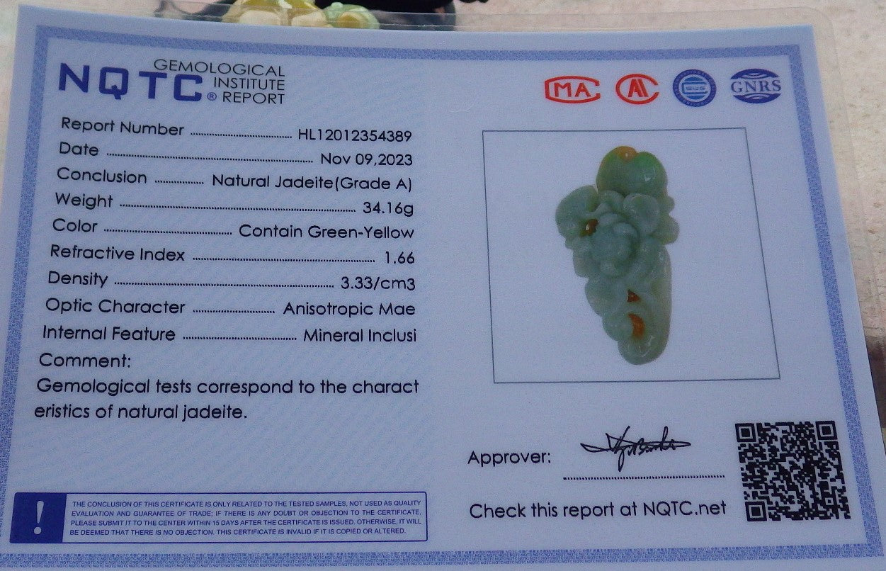 Certified Yellow Green Burma 100% Natural A Jade jadeite Pendant Frog Toad Lotus Flower Leaf Necklace 招财蟾 639368 TN