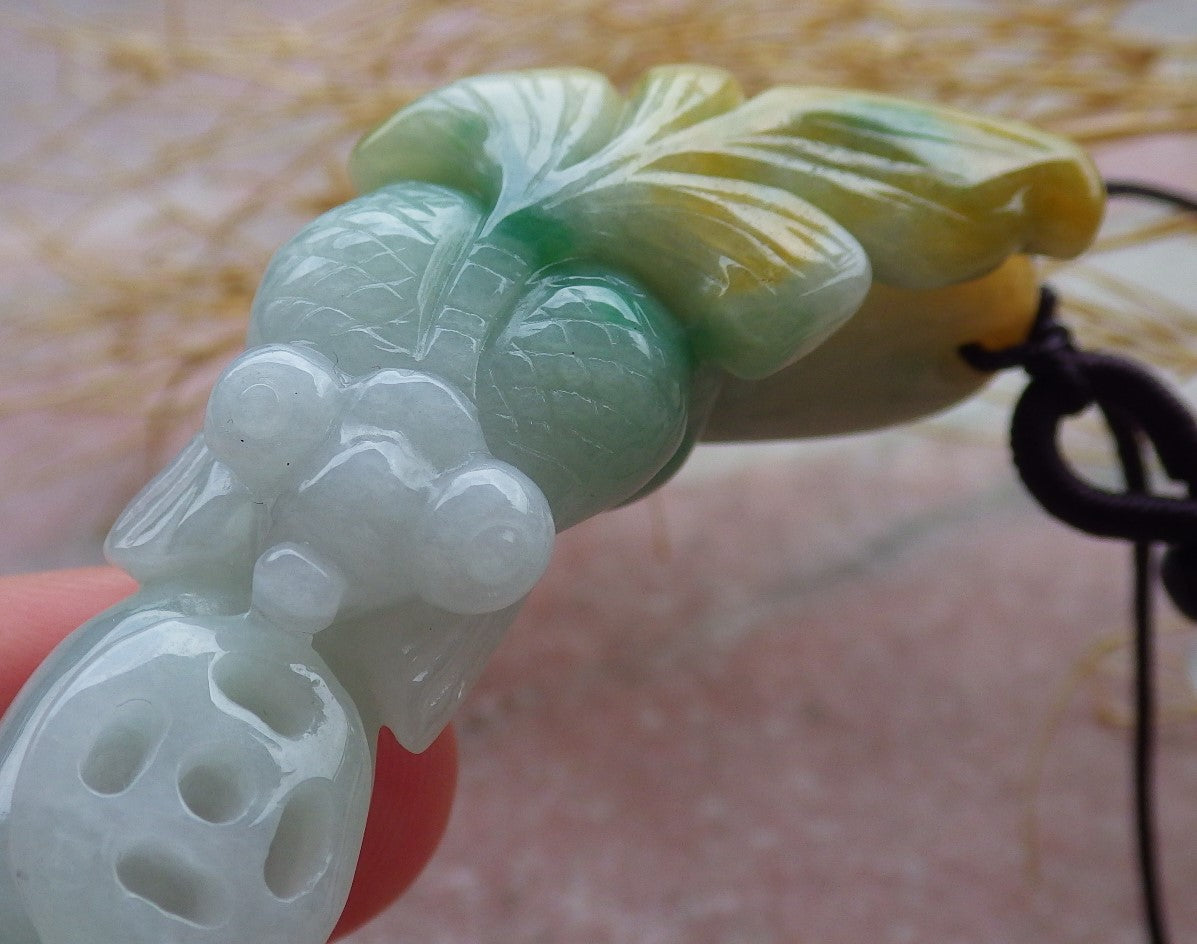 Certified Yellow Green Burma 100% Natural A Jade jadeite Pendant Gold Fish Lotus Coin Necklace 金玉满堂 639412 TN