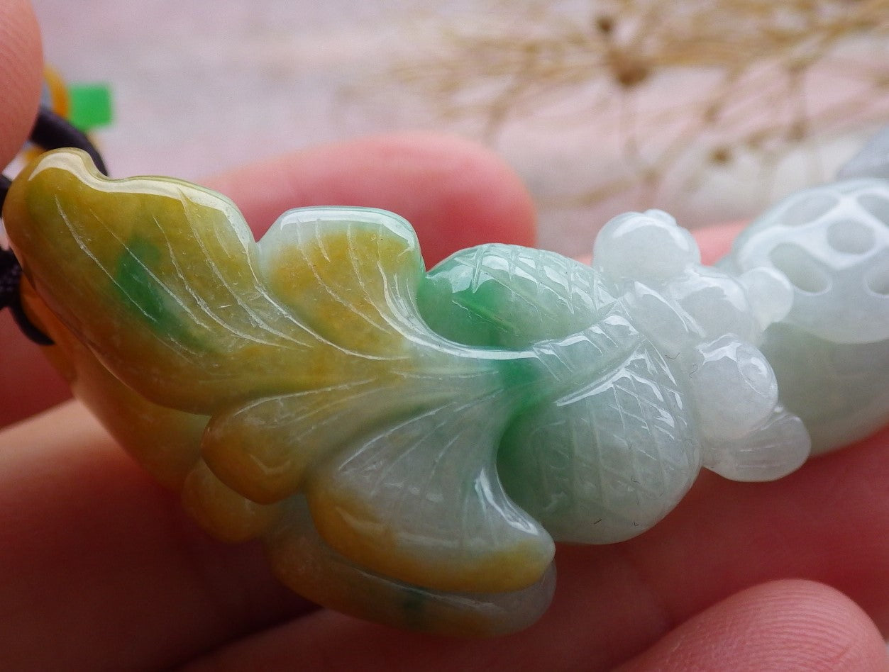 Certified Yellow Green Burma 100% Natural A Jade jadeite Pendant Gold Fish Lotus Coin Necklace 金玉满堂 639412 TN
