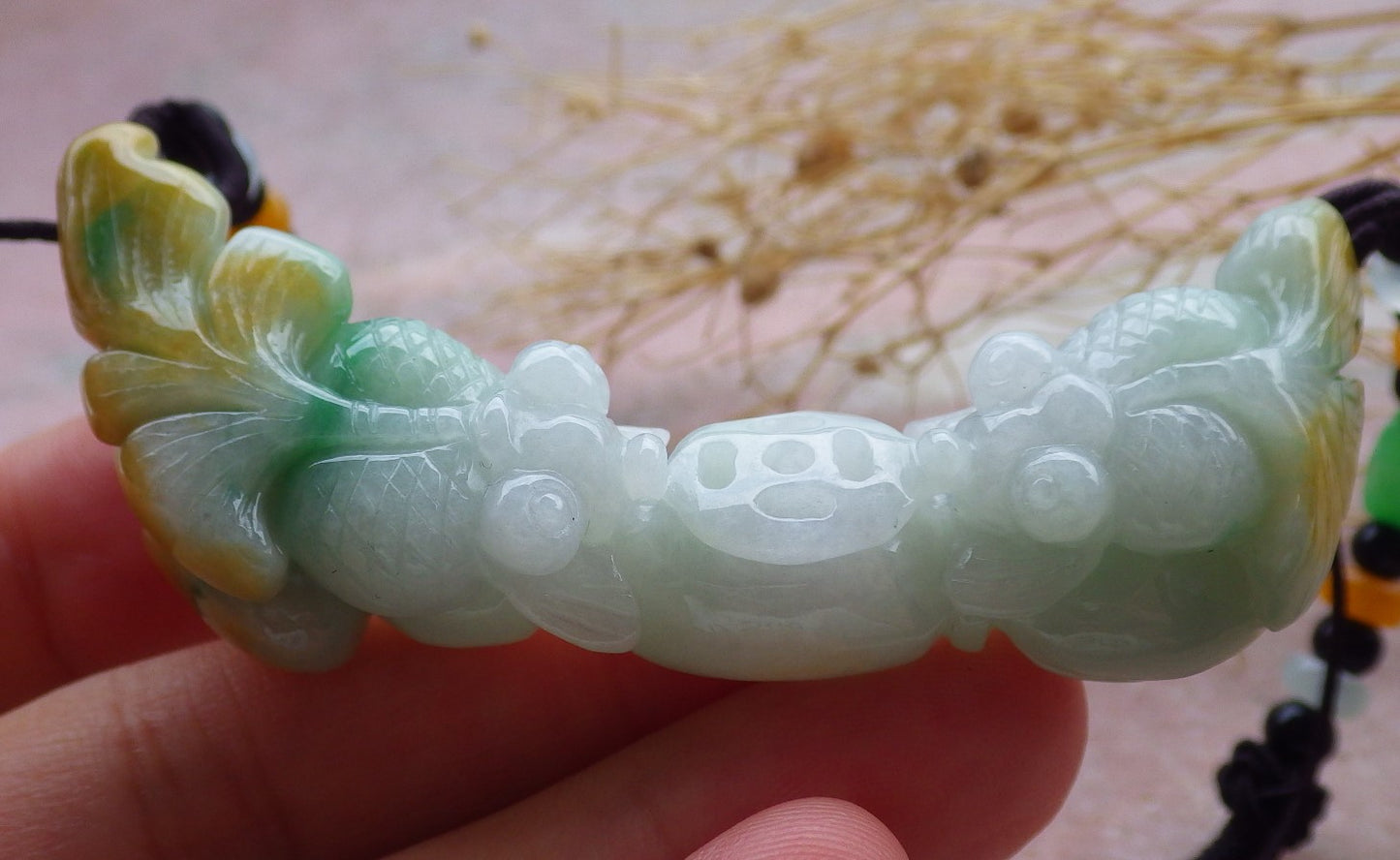 Certified Yellow Green Burma 100% Natural A Jade jadeite Pendant Gold Fish Lotus Coin Necklace 金玉满堂 639412 TN