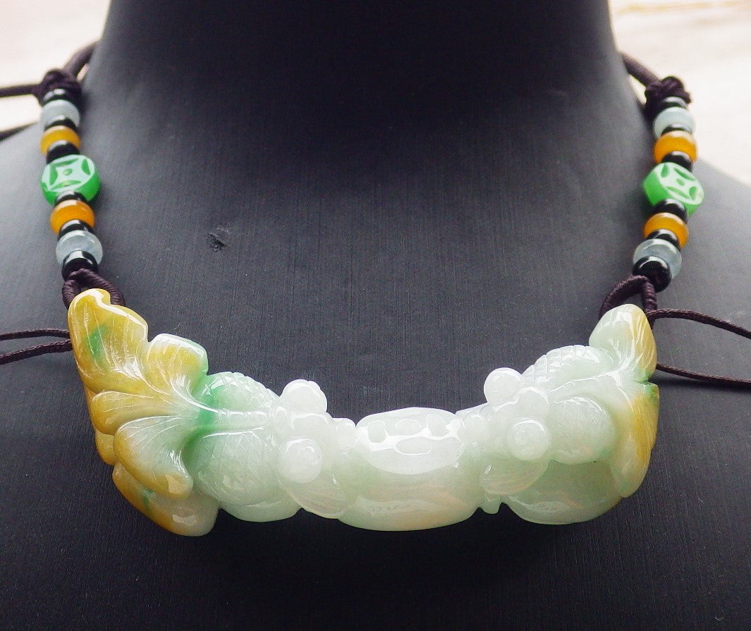 Certified Yellow Green Burma 100% Natural A Jade jadeite Pendant Gold Fish Lotus Coin Necklace 金玉满堂 639412 TN