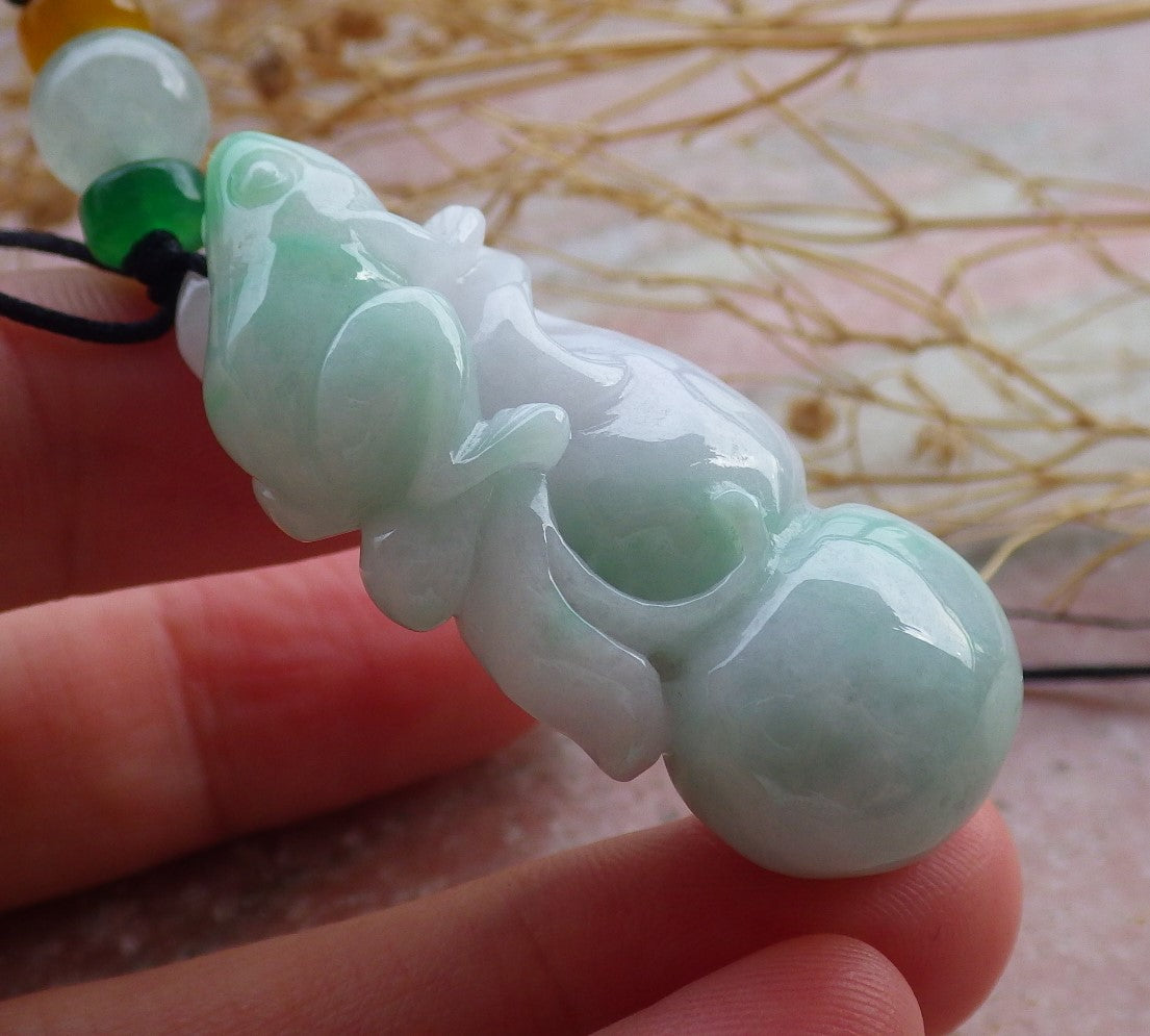 Certified Green Pale Lavender Burma 100% Natural A Jade jadeite Pendant Frog Toad Gourd Necklace 招财蟾 639431 TN